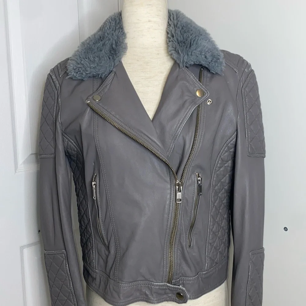 Samantha Sipos Gray Quilted Leather Biker Jacket size L